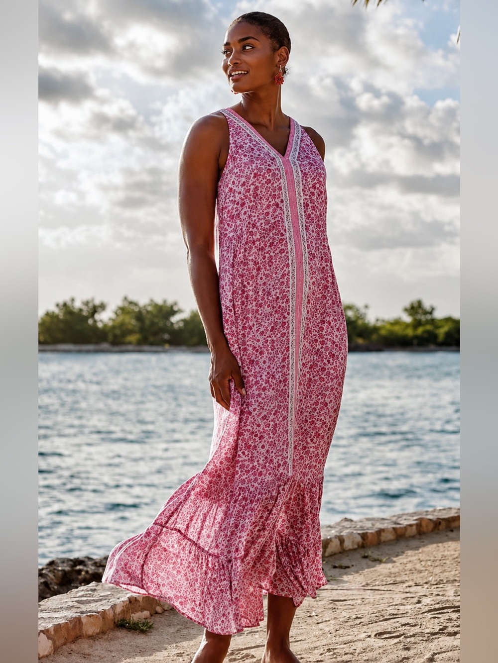 J. Jill Maxi Dress Size XL Pink Bohemian Floral Resort Wear Cute Casual Sundress